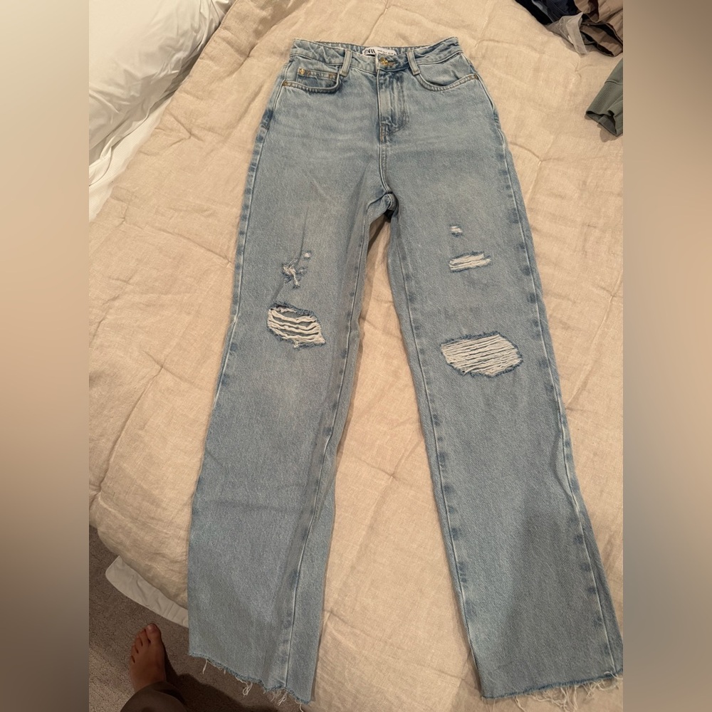 Zara Light Blue Distressed Straight Leg Jeans